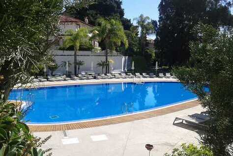 Foto de piscina de forma orgánica. Al fondo, vegetación y hamacas. En primer término, árboles a ambos lados de la foto