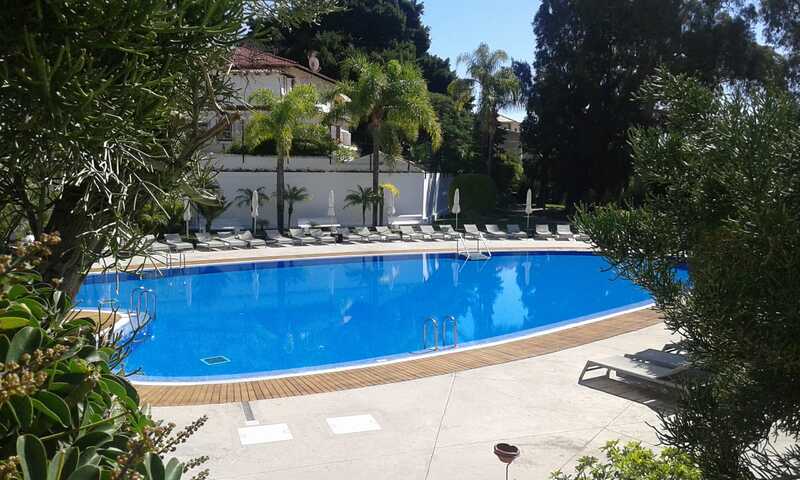 Piscina de forma orgánica. Destaca azul del agua. Hamacas alrededor. Abundante vegetación, deja ver al fondo pare de la mansión oliver.